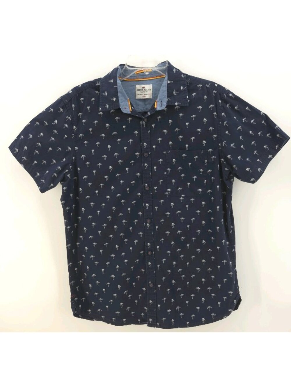 Ditch Plains Ricky Singh Men's L Button Up SS Shirt Navy Blue White Flamingos